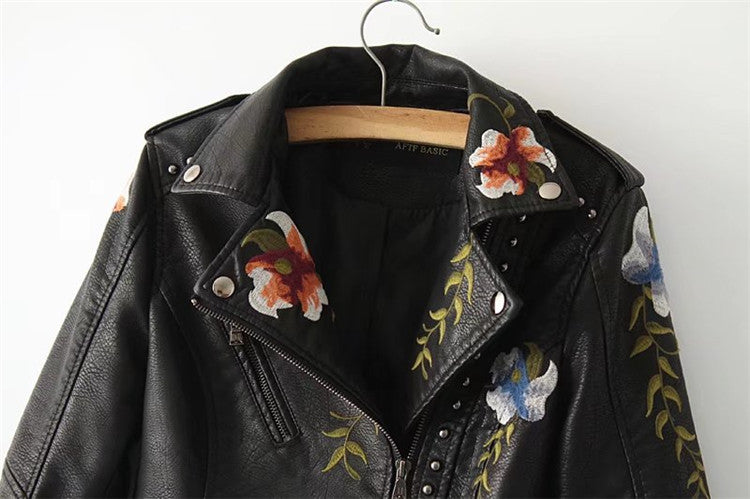 Womens Faux Leather Casual Short Jacket, Spring and Winter Fashion Moto Bike Floral Coat