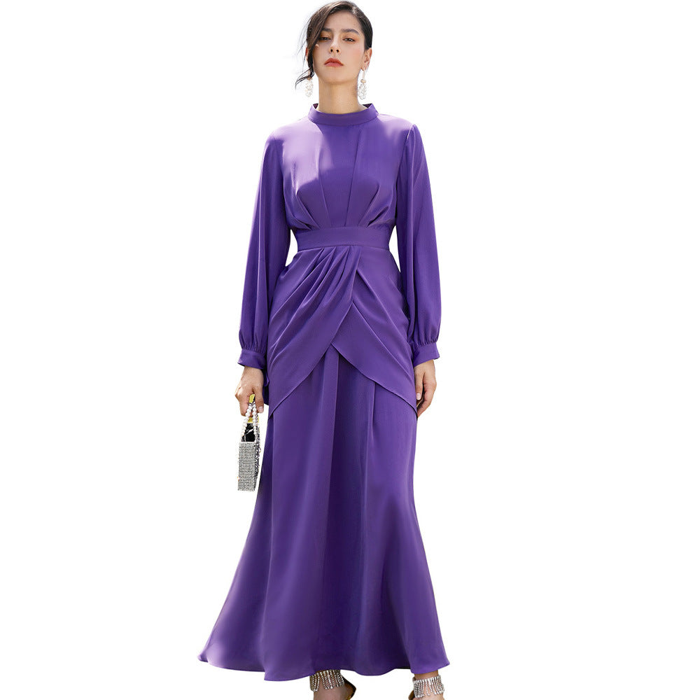 Women's Dress with Standing Collar and Long Sleeves