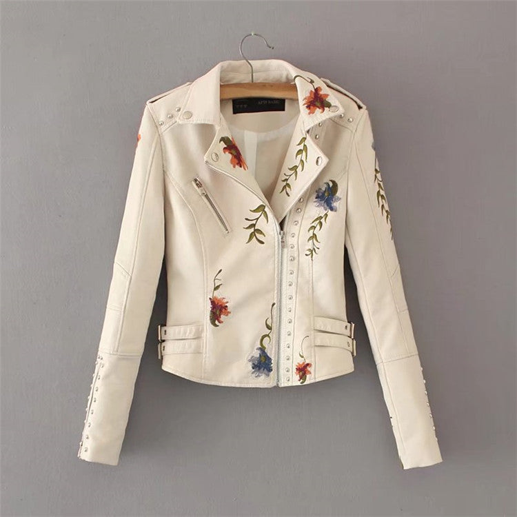 Womens Faux Leather Casual Short Jacket, Spring and Winter Fashion Moto Bike Floral Coat