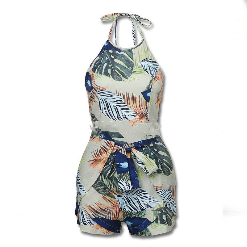 Women's Notch Collar Printed lace-up and halter shorts