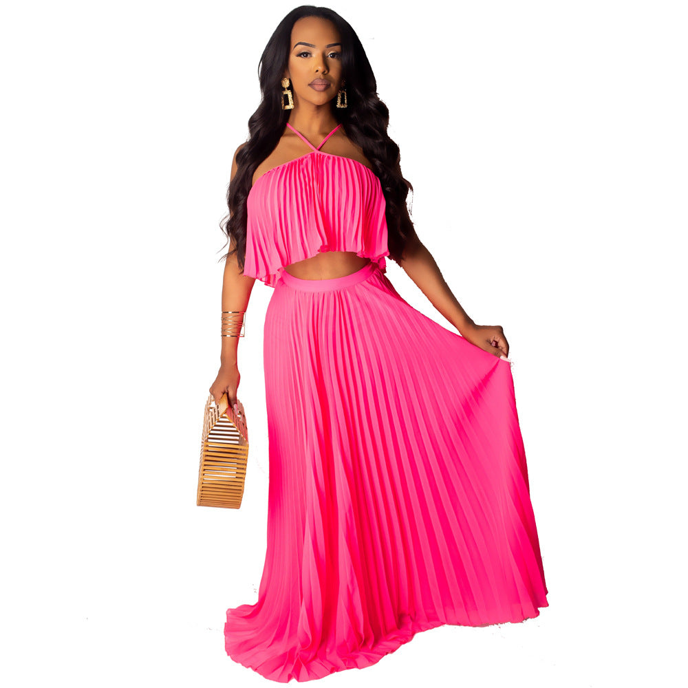 Womens Sexy Chiffon Sundress Off Shoulder Ombre Tie Dye Pleated Skirts