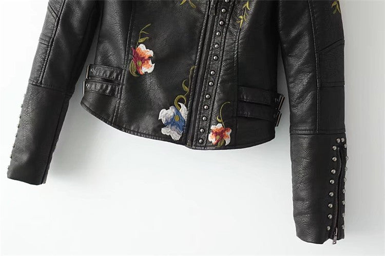 Womens Faux Leather Casual Short Jacket, Spring and Winter Fashion Moto Bike Floral Coat