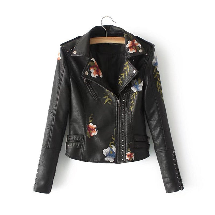 Womens Faux Leather Casual Short Jacket, Spring and Winter Fashion Moto Bike Floral Coat