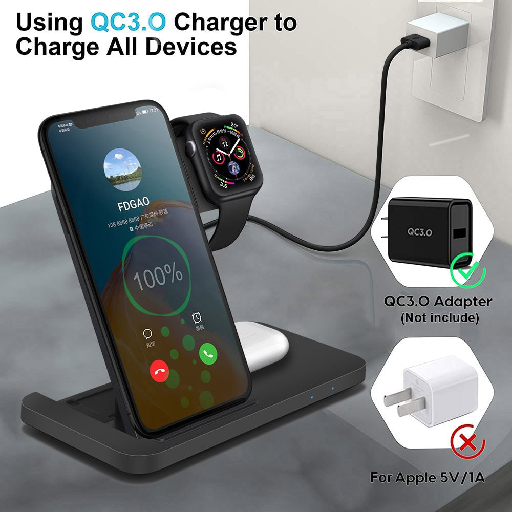 Fast Wireless Charger Dock Station For iPhone, Apple Watch, Air Pods 3 Pro Charging Stand