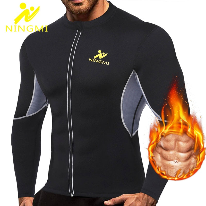 NINGMI Men Slimming Home Gym Shirts Jacket with Long Sleeve Fitness Tights Weight Loss Neoprene Body Shapers