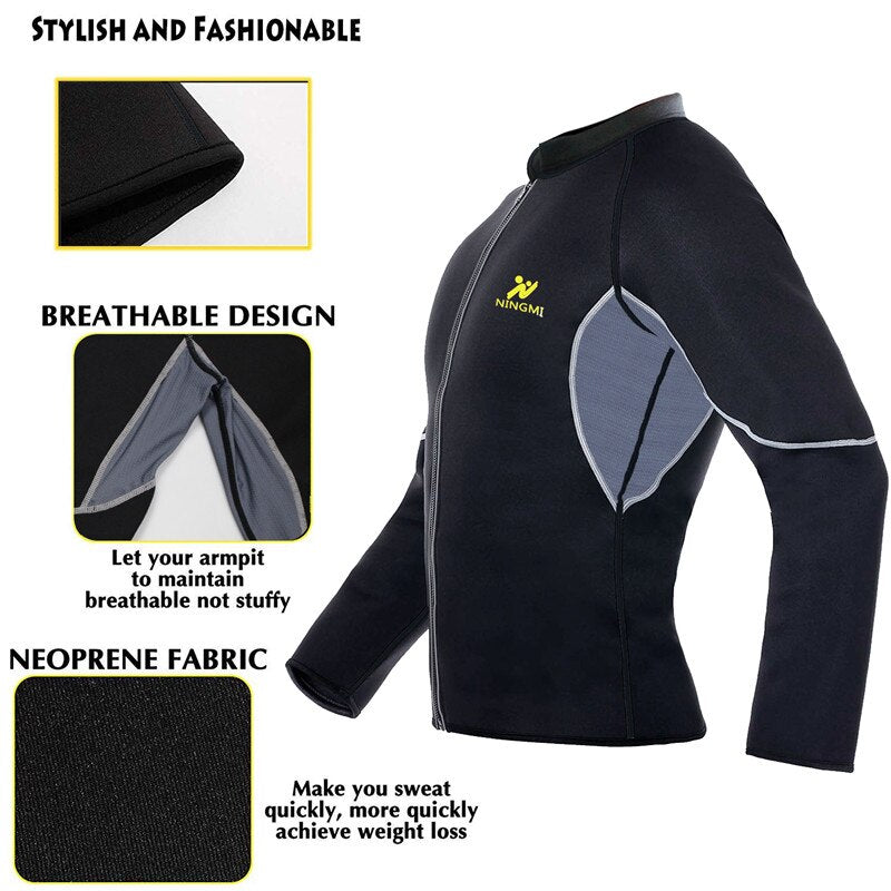 NINGMI Men Slimming Home Gym Shirts Jacket with Long Sleeve Fitness Tights Weight Loss Neoprene Body Shapers