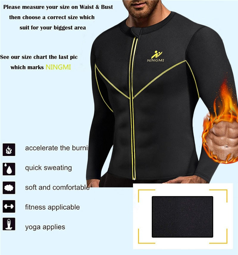 NINGMI Jacket for Men Waist Trainer Slim Body Shaper Neoprene Sauna Vest Home Fitness Shirts Zipper Shapewear