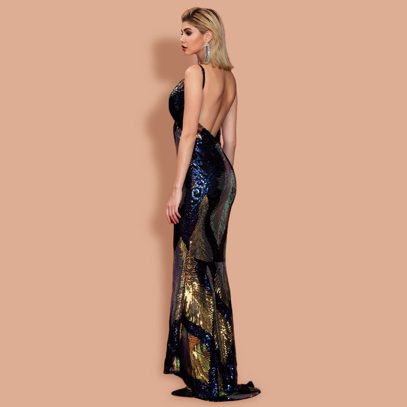 Women's V-neck pattern sequined fishtail dress