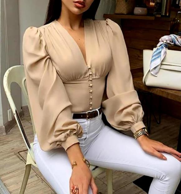 Casual Tops for Women V Neck Work Shirts Long Sleeve Chiffon Blouses Professional Outfits with Cufflinks